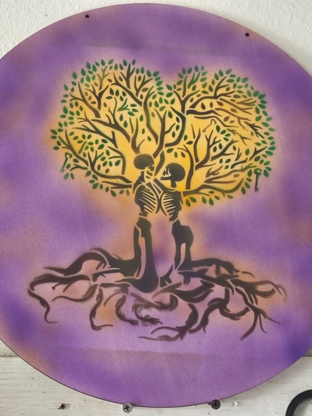 Handmade Tree of Life, Love round airbrushed wooden sign w/ hanger